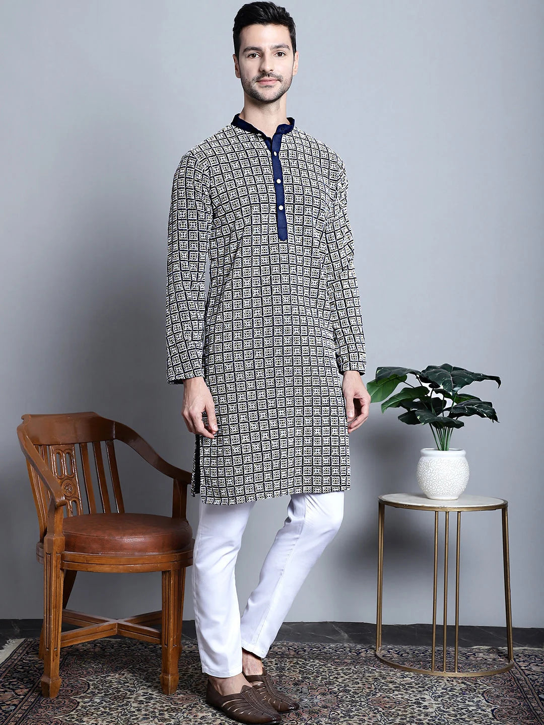 Men's Navy Embroidered Cotton Indian Kurta | Ethnic Wear