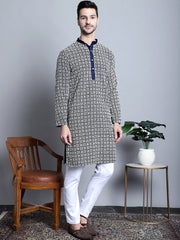 Men's Navy Blue Embroidered Kurta Only