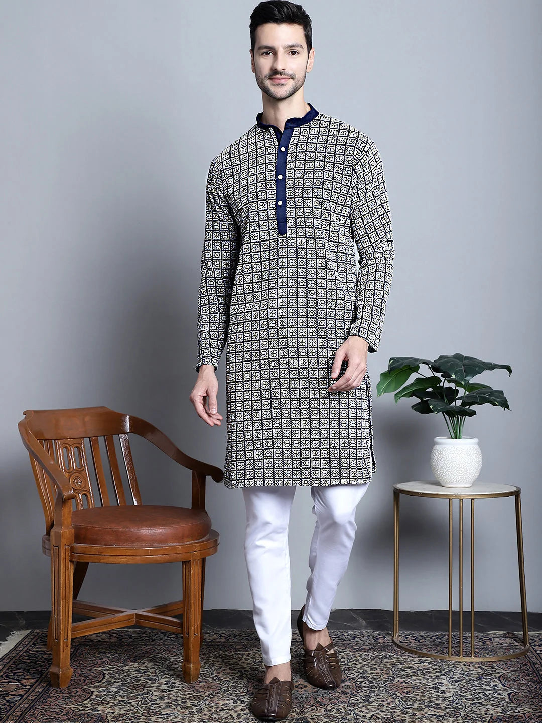 Men's Navy Embroidered Cotton Indian Kurta | Ethnic Wear