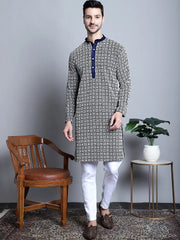 Men's Navy Blue Embroidered Kurta Only