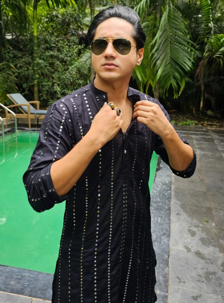 Men's Embroidered Mirror Work Kurta - Rayon Indian Kurta