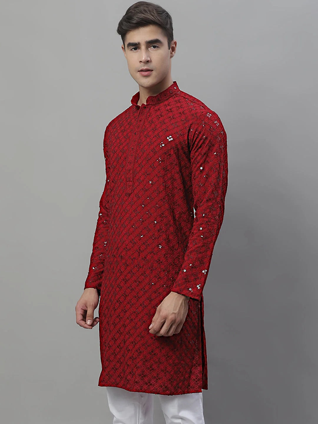 Maroon Chikankari Men's Kurta - Embroidered Indian Kurta for Men