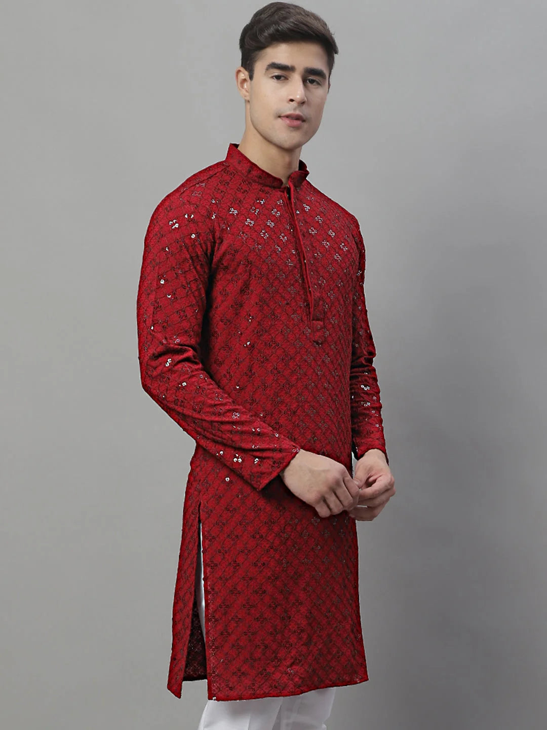 Maroon Chikankari Men's Kurta - Embroidered Indian Kurta for Men