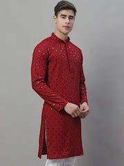 Men's Maroon Chikankari Embroidered and Sequence Kurtas-KO-695