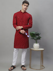 Men's Maroon Chikankari Embroidered and Sequence Kurtas-KO-695
