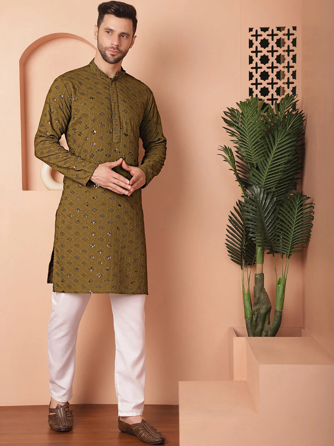 Mehndi Chikankari Men's Kurta - Indian Kurta for Men
