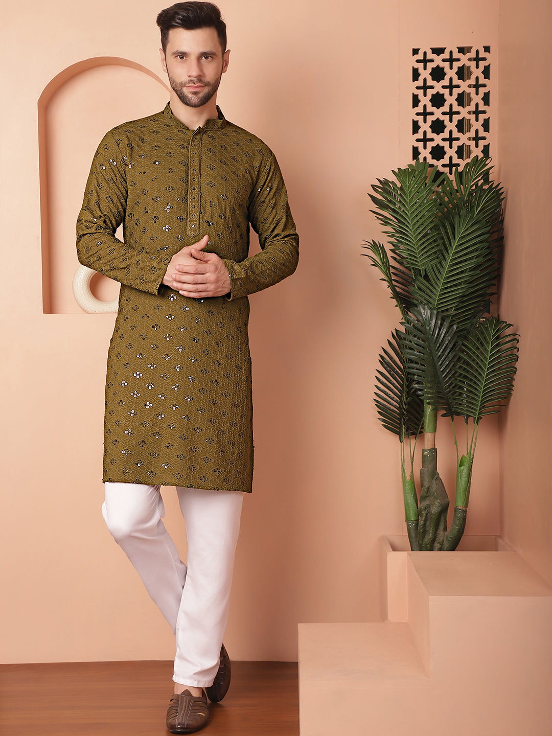 Mehndi Chikankari Men's Kurta - Indian Kurta for Men