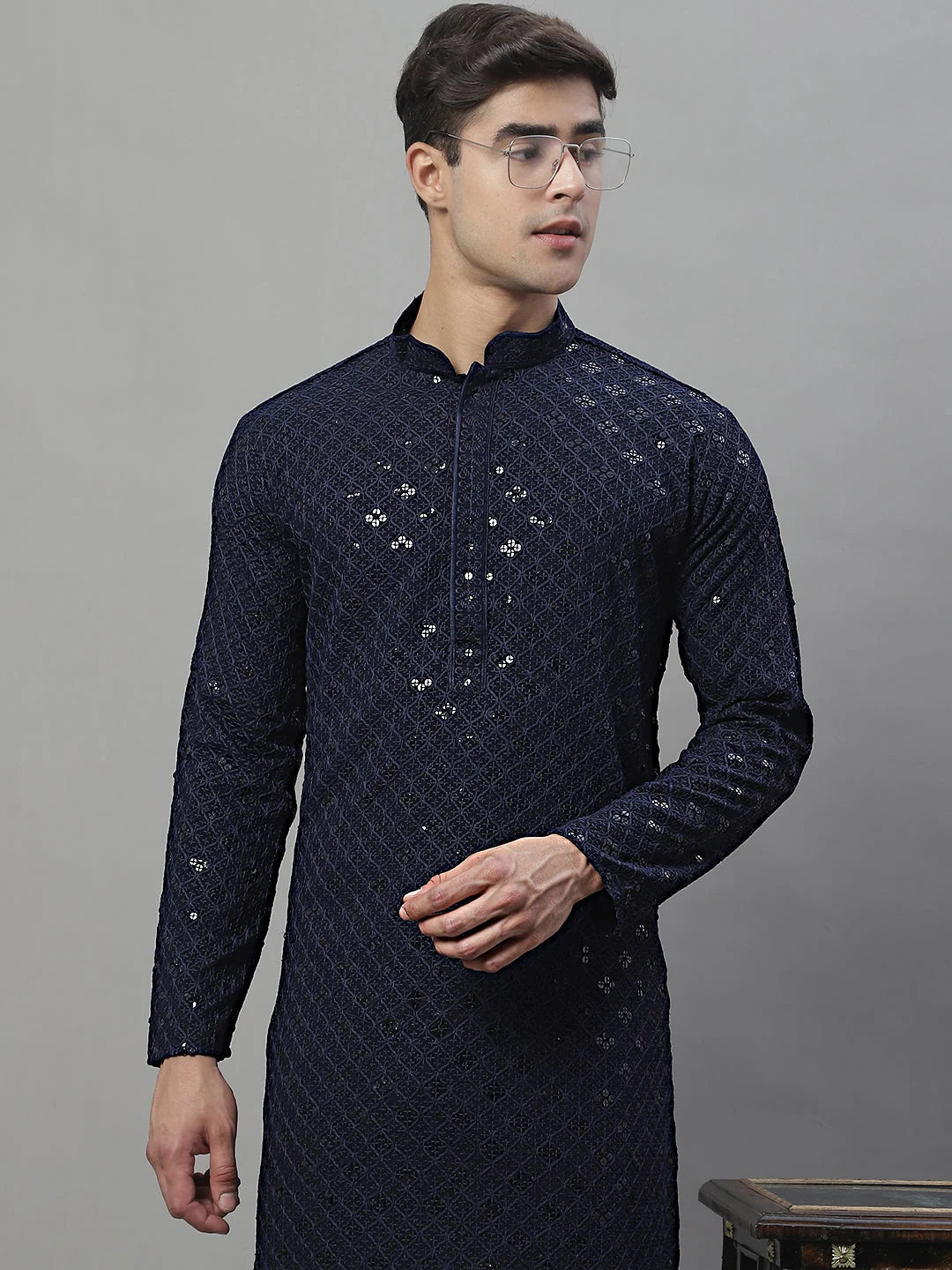 Navy Blue Chikankari Men's Kurta - Embroidered Indian Kurta