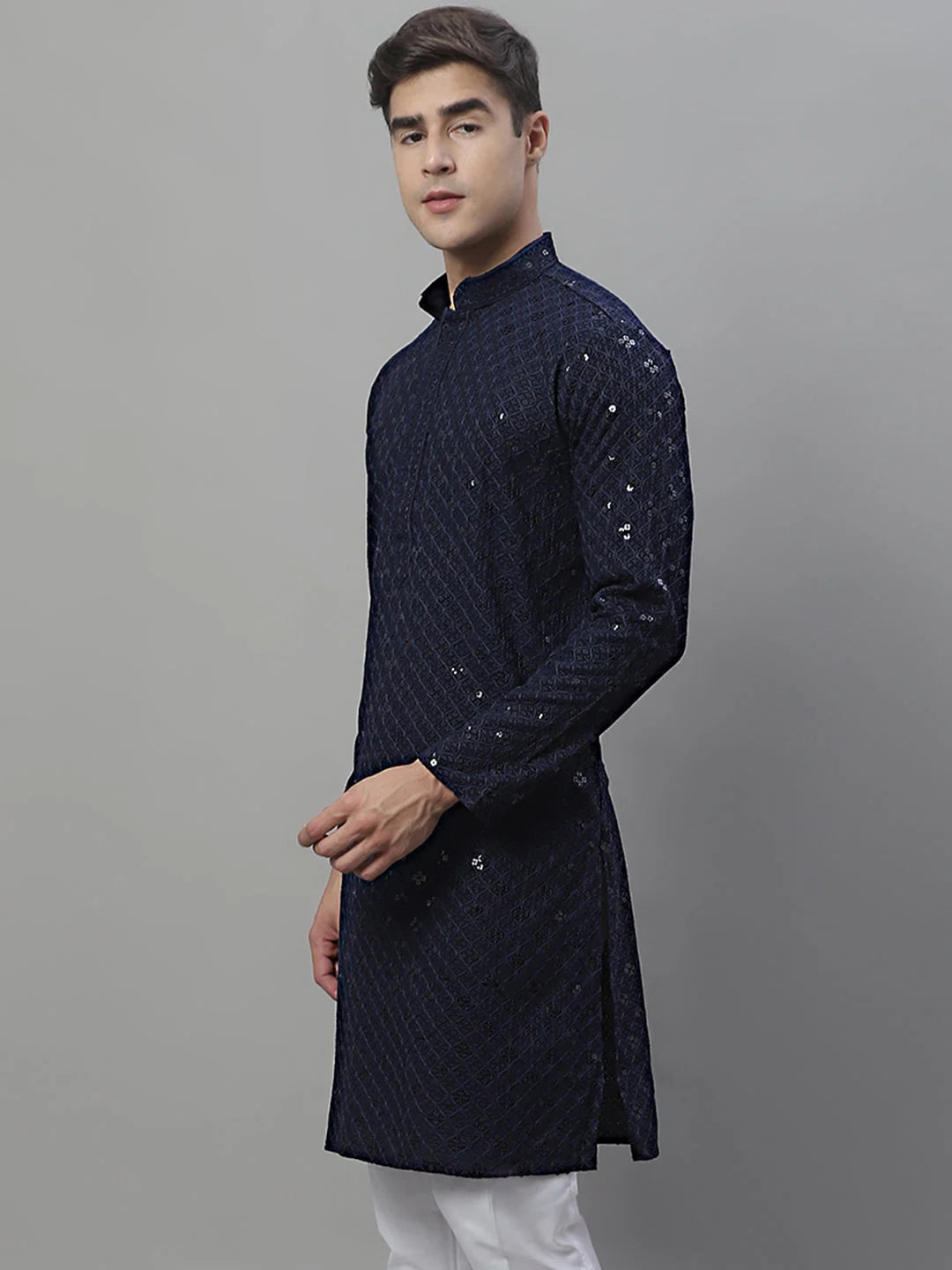 Navy Blue Chikankari Men's Kurta - Embroidered Indian Kurta