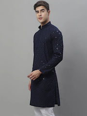 Men's Navy Blue Chikankari Embroidered and Sequence Kurtas-KO-695