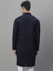 Men's Navy Blue Chikankari Embroidered and Sequence Kurtas-KO-695