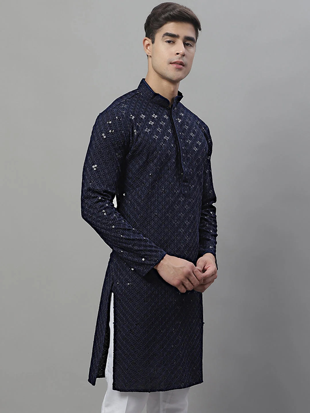 Navy Blue Chikankari Men's Kurta - Embroidered Indian Kurta