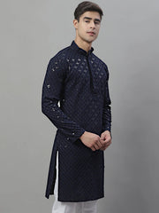 Men's Navy Blue Chikankari Embroidered and Sequence Kurtas-KO-695