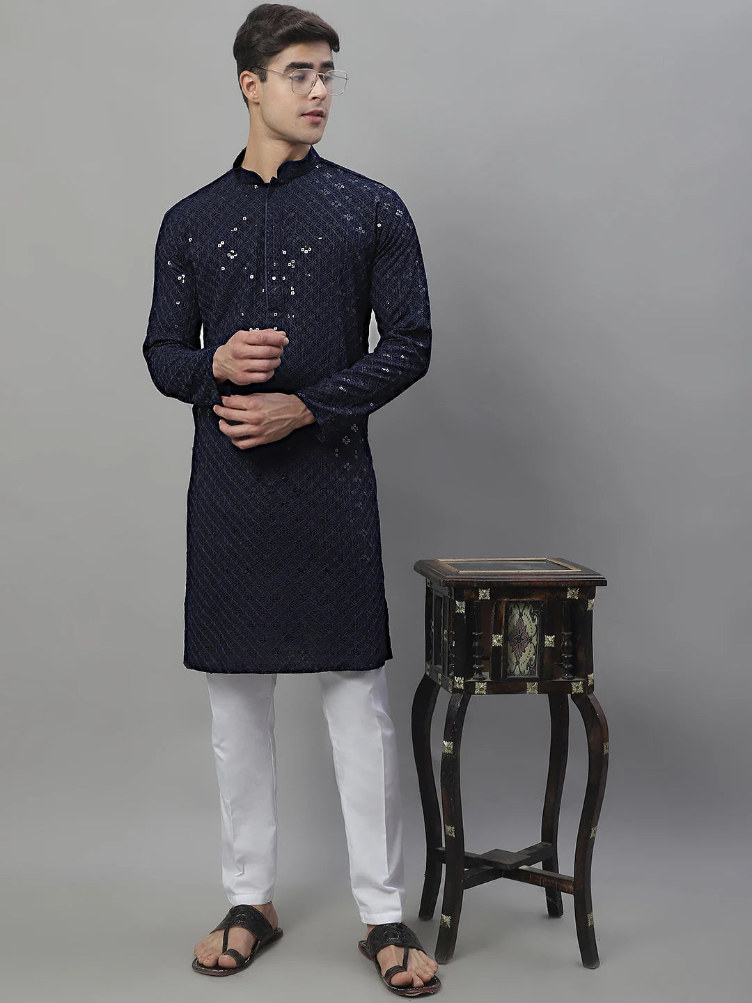 Navy Blue Chikankari Men's Kurta - Embroidered Indian Kurta