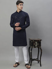 Men's Navy Blue Chikankari Embroidered and Sequence Kurtas-KO-695