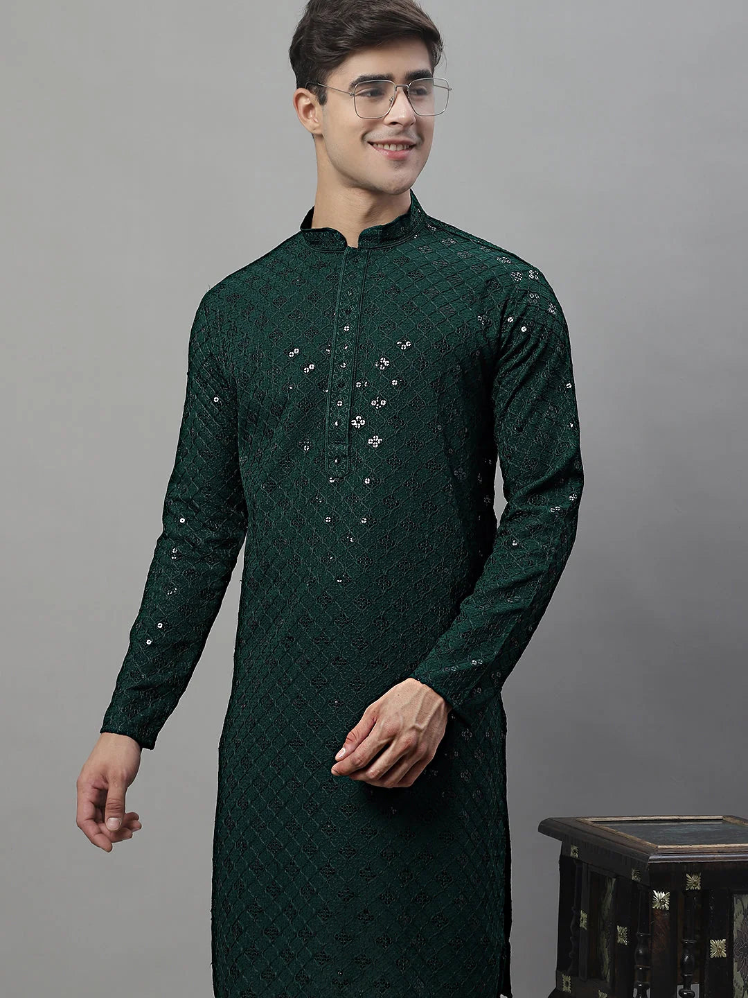 Men's Olive Green Chikankari Embroidered and Sequence Kurtas-KO-695