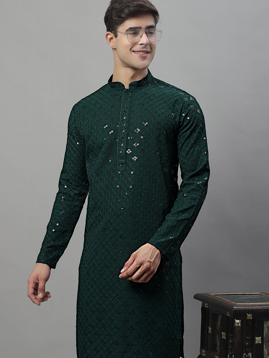 Olive Green Chikankari Men's Kurta - Indian Kurta for Men