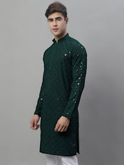 Men's Olive Green Chikankari Embroidered and Sequence Kurtas-KO-695