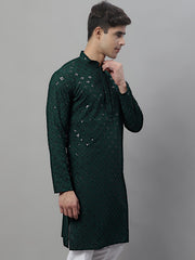 Men's Olive Green Chikankari Embroidered and Sequence Kurtas-KO-695