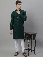 Men's Olive Green Chikankari Embroidered and Sequence Kurtas-KO-695