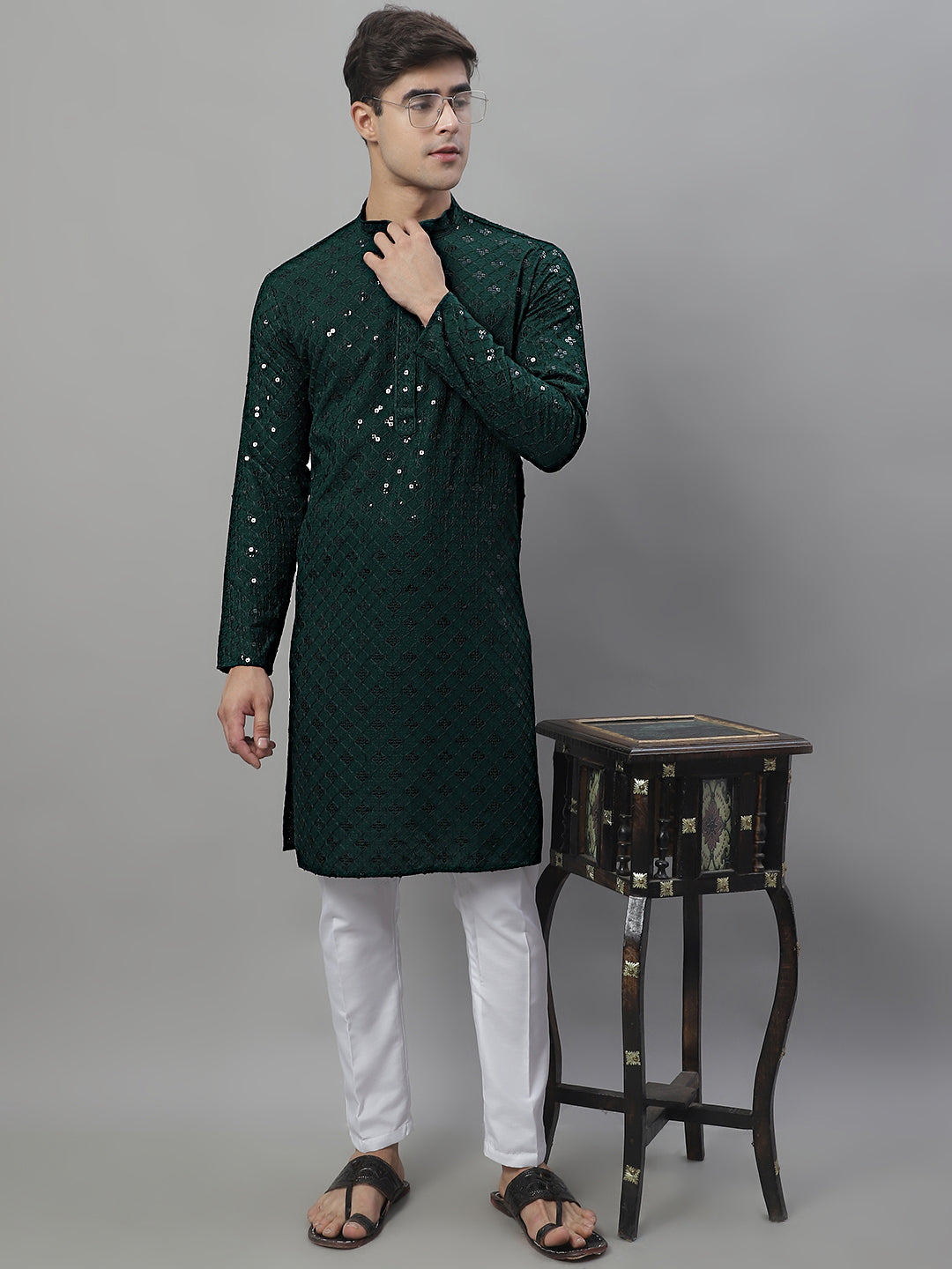 Olive Green Chikankari Men's Kurta - Indian Kurta for Men