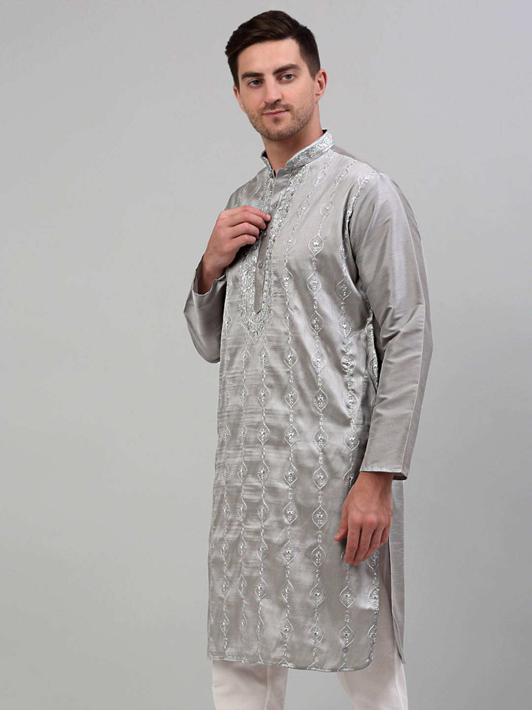 DesiQlo Men Embroidered Kurta Only - Grey - KO_698Grey_S