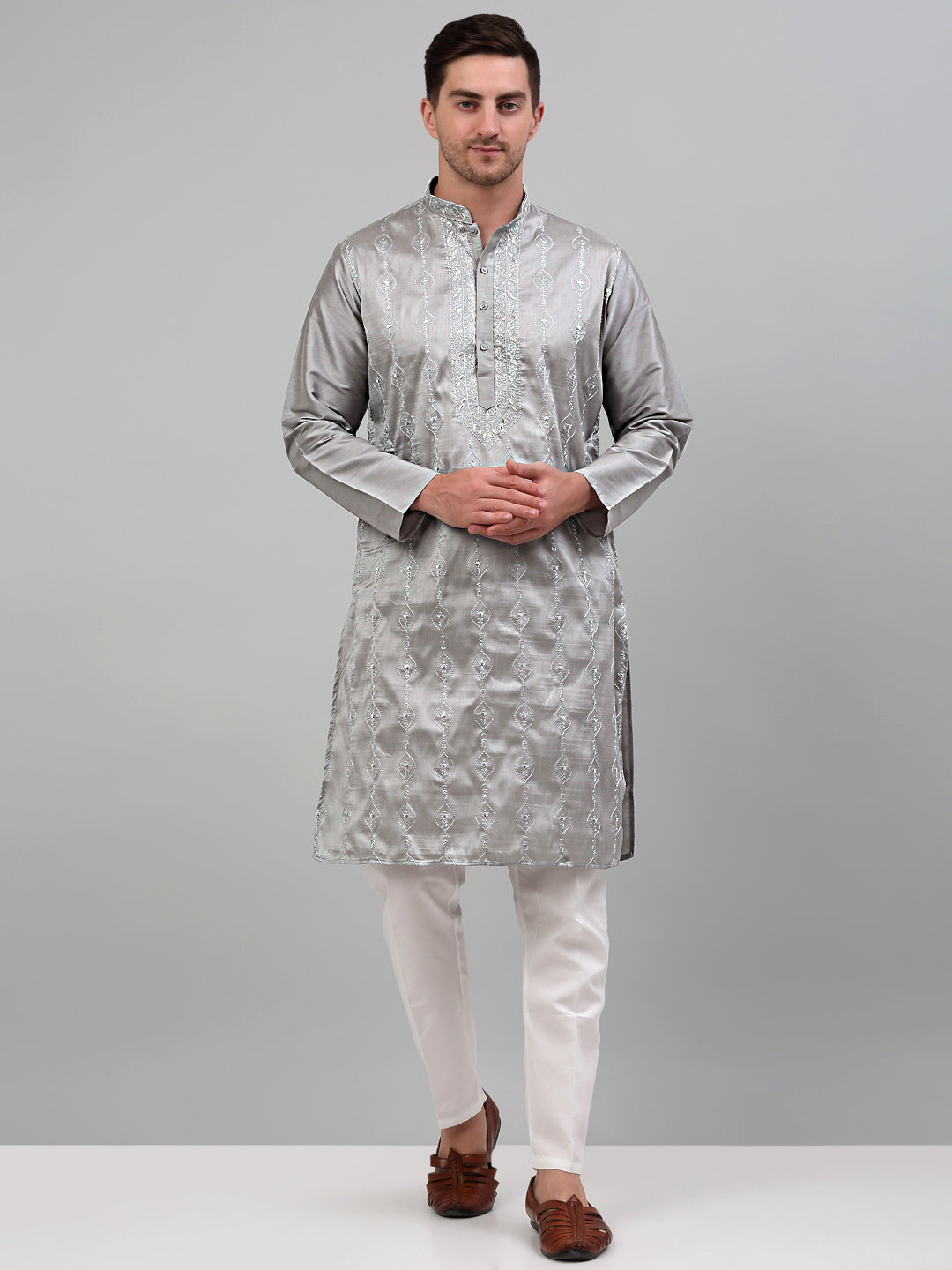 DesiQlo Men Embroidered Kurta Only - Grey - KO_698Grey_S