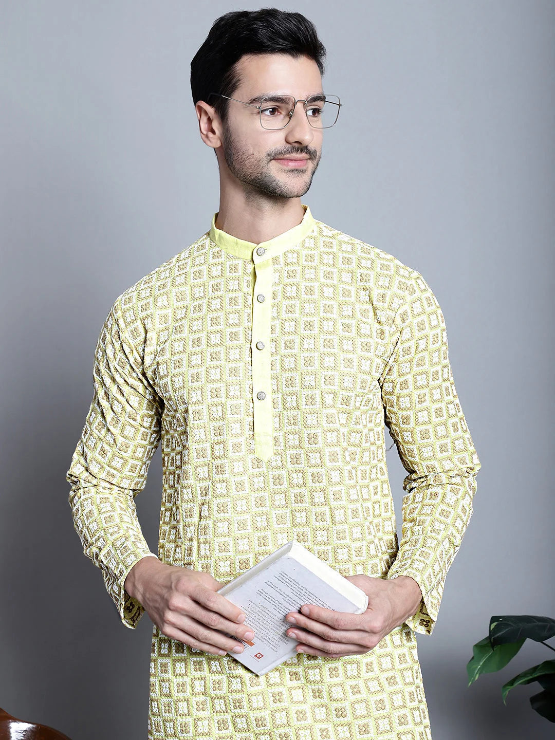 Yellow Embroidered Mens Kurta - Indian Kurta for Men Style