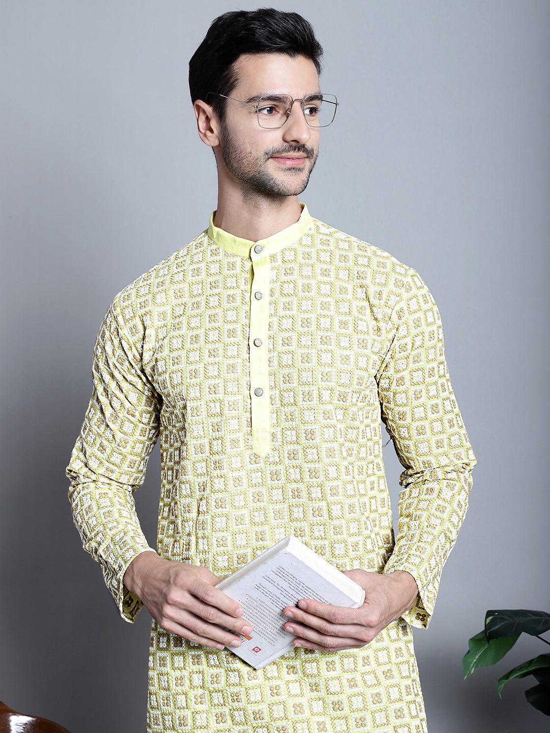 Men's Yellow Embroidered Kurta Only