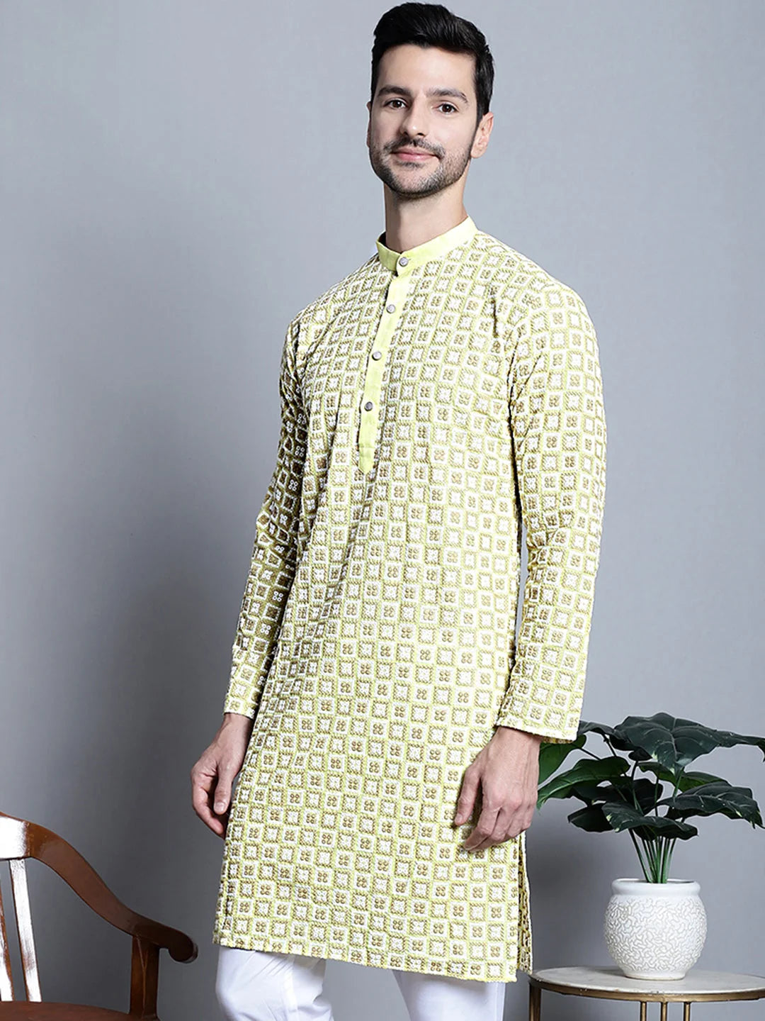 Yellow Embroidered Mens Kurta - Indian Kurta for Men Style