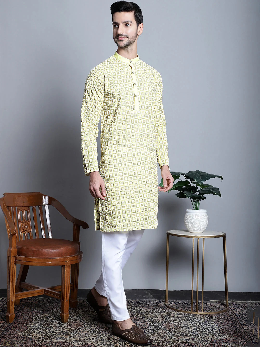 Yellow Embroidered Mens Kurta - Indian Kurta for Men Style
