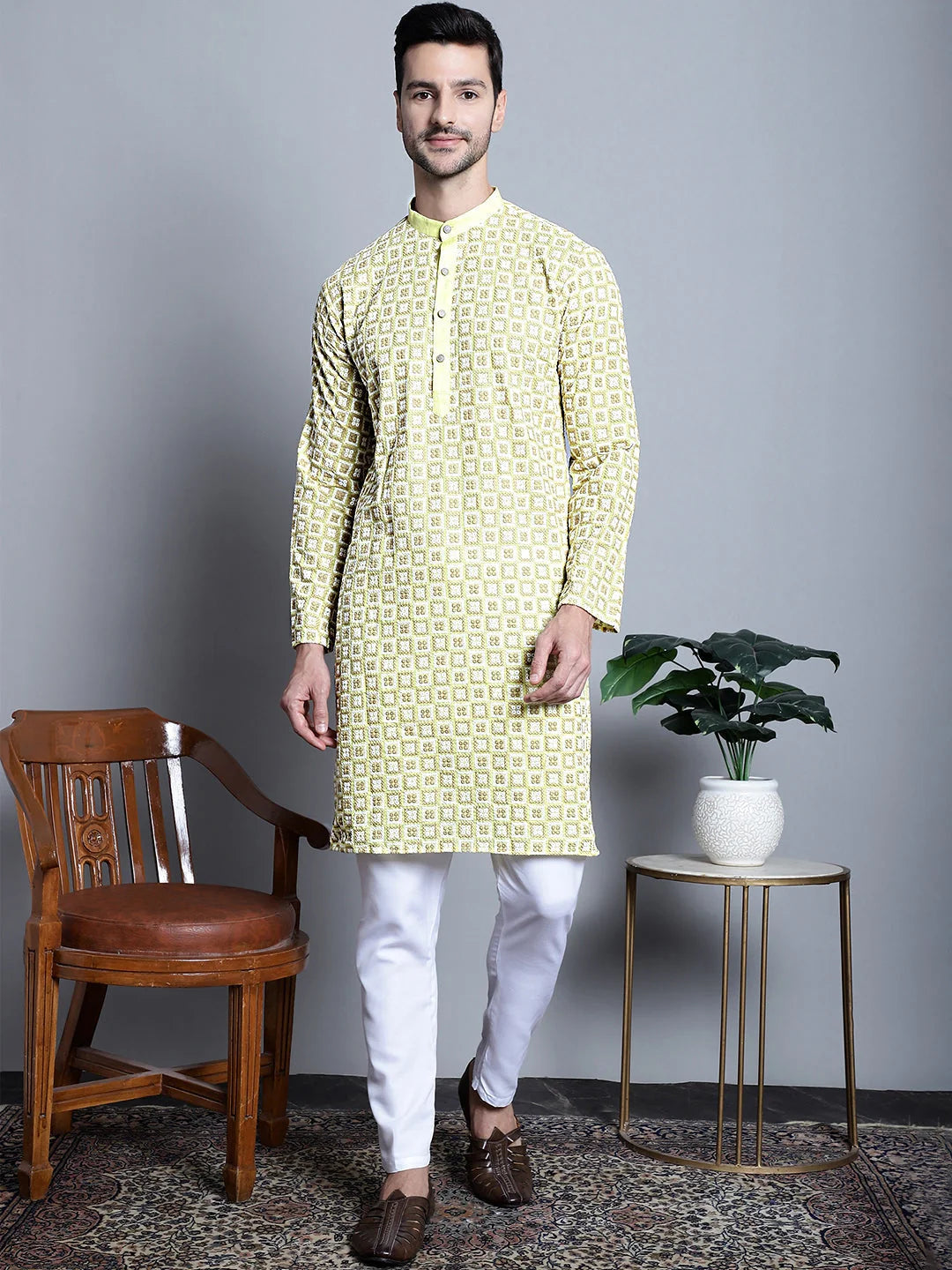 Yellow Embroidered Mens Kurta - Indian Kurta for Men Style