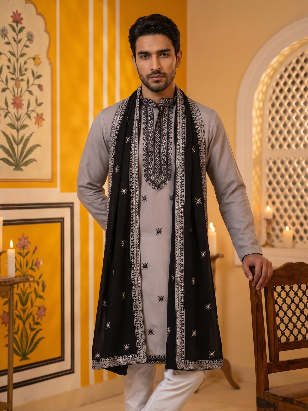 Embroidered Silk Blend Kurta and Dupatta for Men ( KO D 5077Grey )
