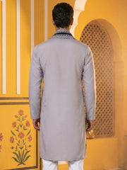 Embroidered Silk Blend Kurta and Dupatta for Men ( KO D 5077Grey )