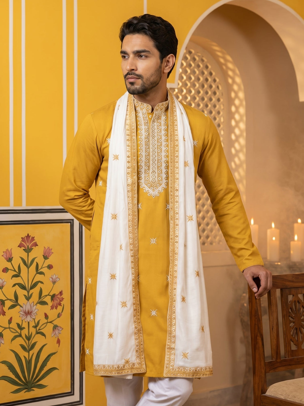 Embroidered Silk Blend Kurta and Dupatta for Men ( KO D 5077Mustard )