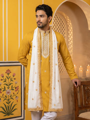 Embroidered Silk Blend Kurta and Dupatta for Men ( KO D 5077Mustard )