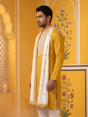 Embroidered Silk Blend Kurta and Dupatta for Men ( KO D 5077Mustard )