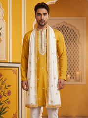 Embroidered Silk Blend Kurta and Dupatta for Men ( KO D 5077Mustard )