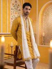 Embroidered Silk Blend Kurta and Dupatta for Men ( KO D 5077Mustard )
