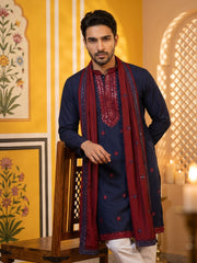 Embroidered Silk Blend Kurta and Dupatta for Men ( KO D 5077Navy )