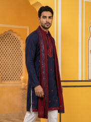 Embroidered Silk Blend Kurta and Dupatta for Men ( KO D 5077Navy )