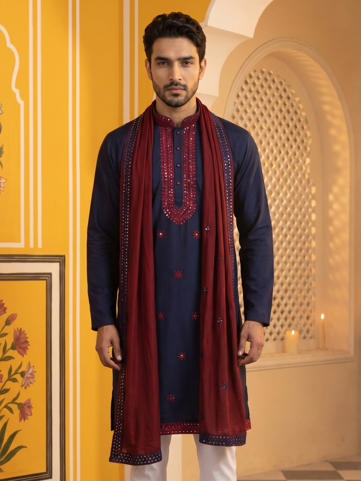 DesiQlo Men Embroidered Kurta Only - Blue - KO_D_5077Navy_S