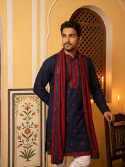 Embroidered Silk Blend Kurta and Dupatta for Men ( KO D 5077Navy )
