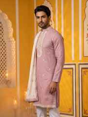Embroidered Silk Blend Kurta and Dupatta for Men ( KO D 5077Purple )