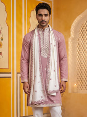 Embroidered Silk Blend Kurta and Dupatta for Men ( KO D 5077Purple )