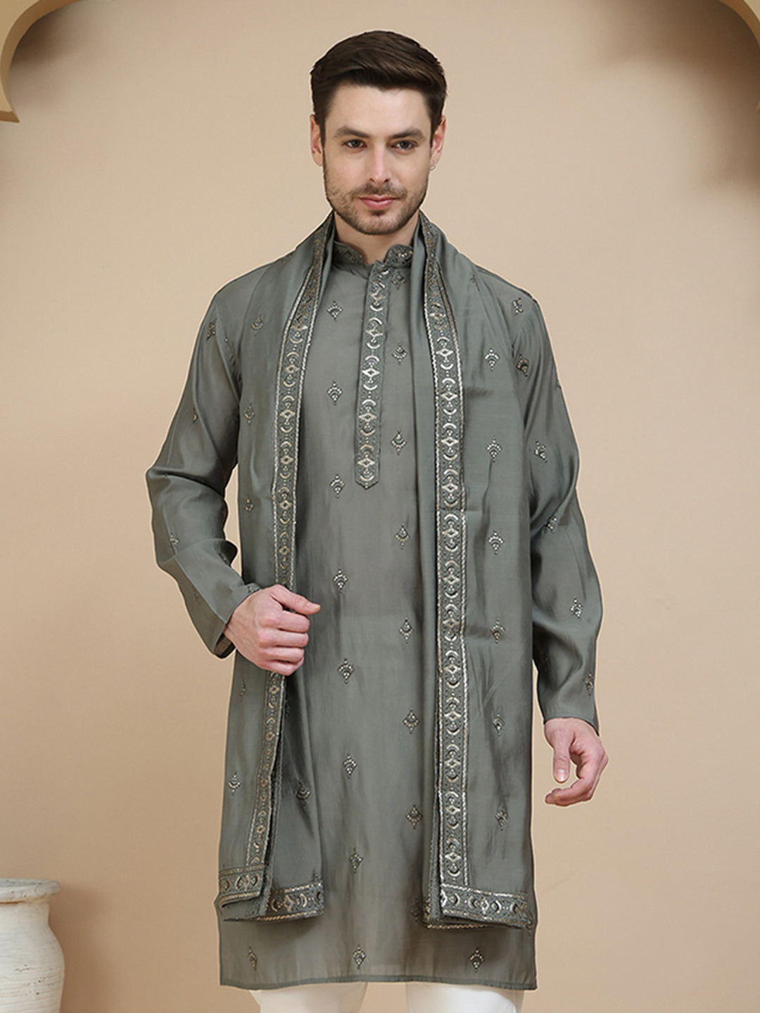 DesiQlo Men Embroidered Kurta Only - Grey - KO_D_5088Grey_S