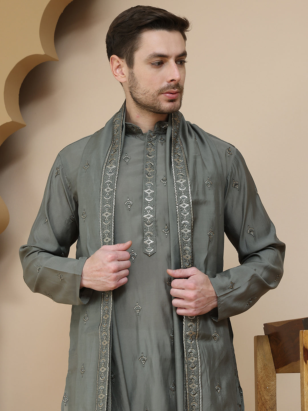 DesiQlo Men Embroidered Kurta Only - Grey - KO_D_5088Grey_S