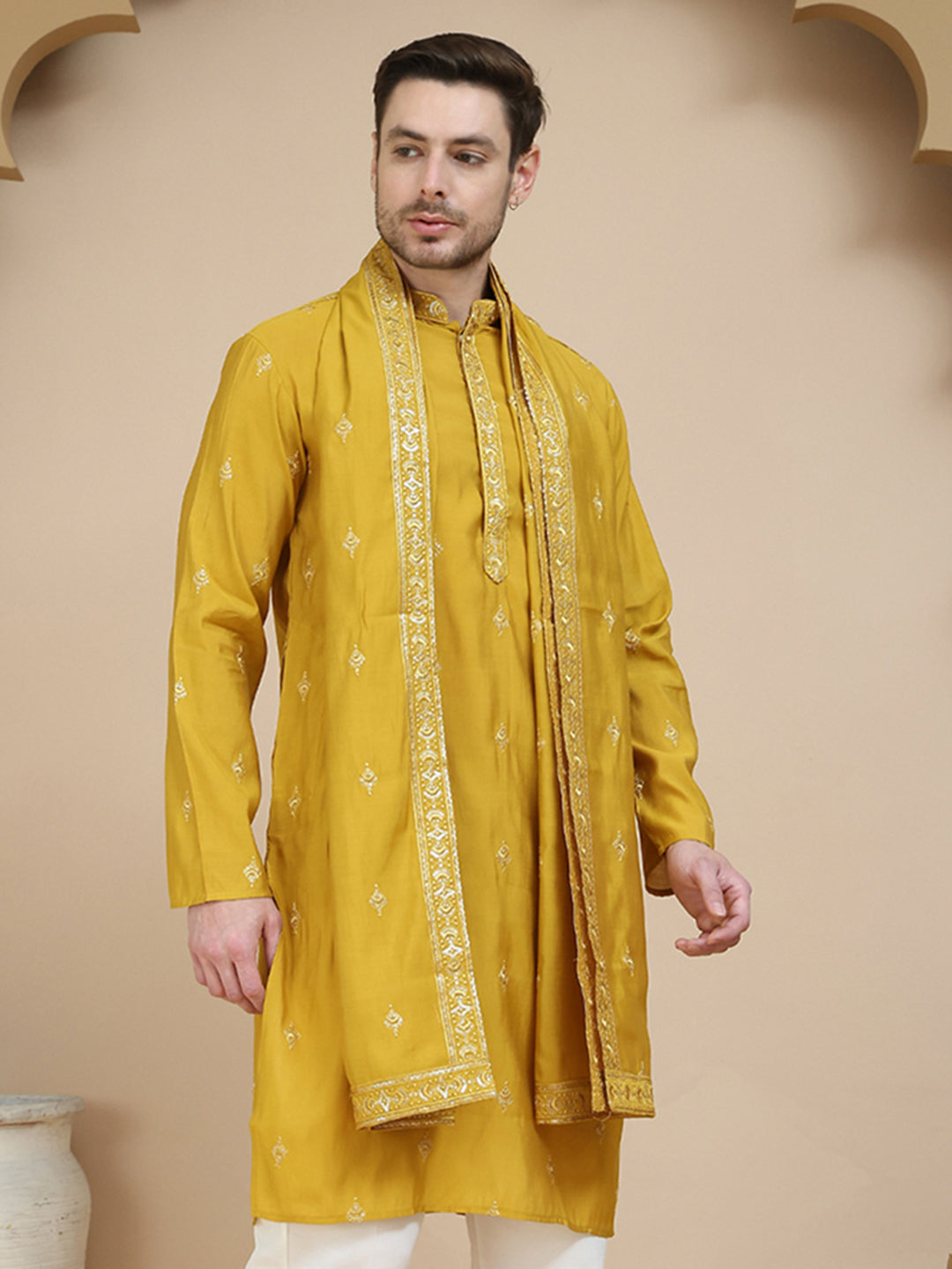 Embroidered & Sequin Kurta With Dupatta ( KO D 5088Mustard ) [FF] [F1-2 & M-3-4]
