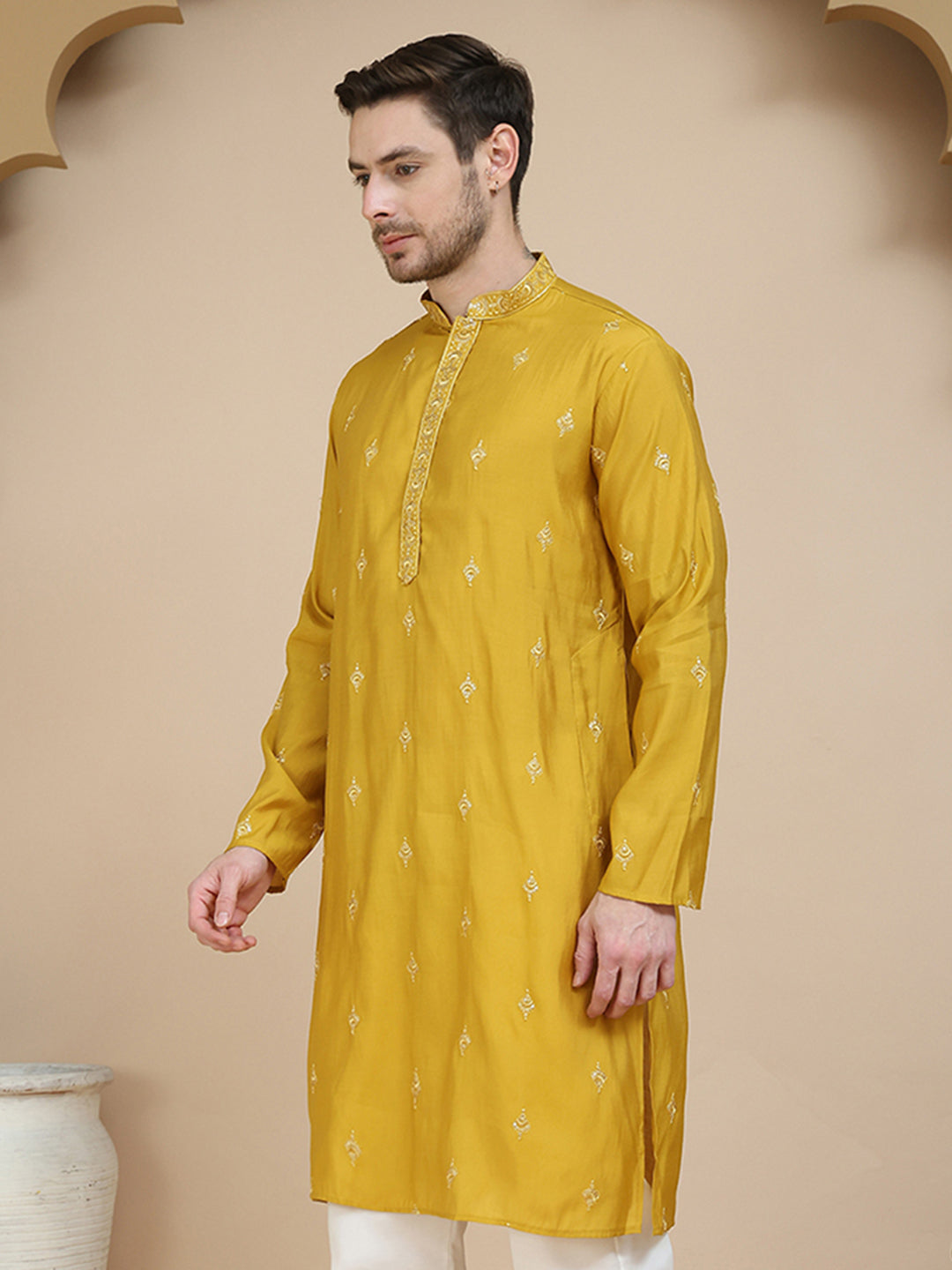 DesiQlo Men Embroidered Kurta Only - Yellow - KO_D_5088Mustard_S