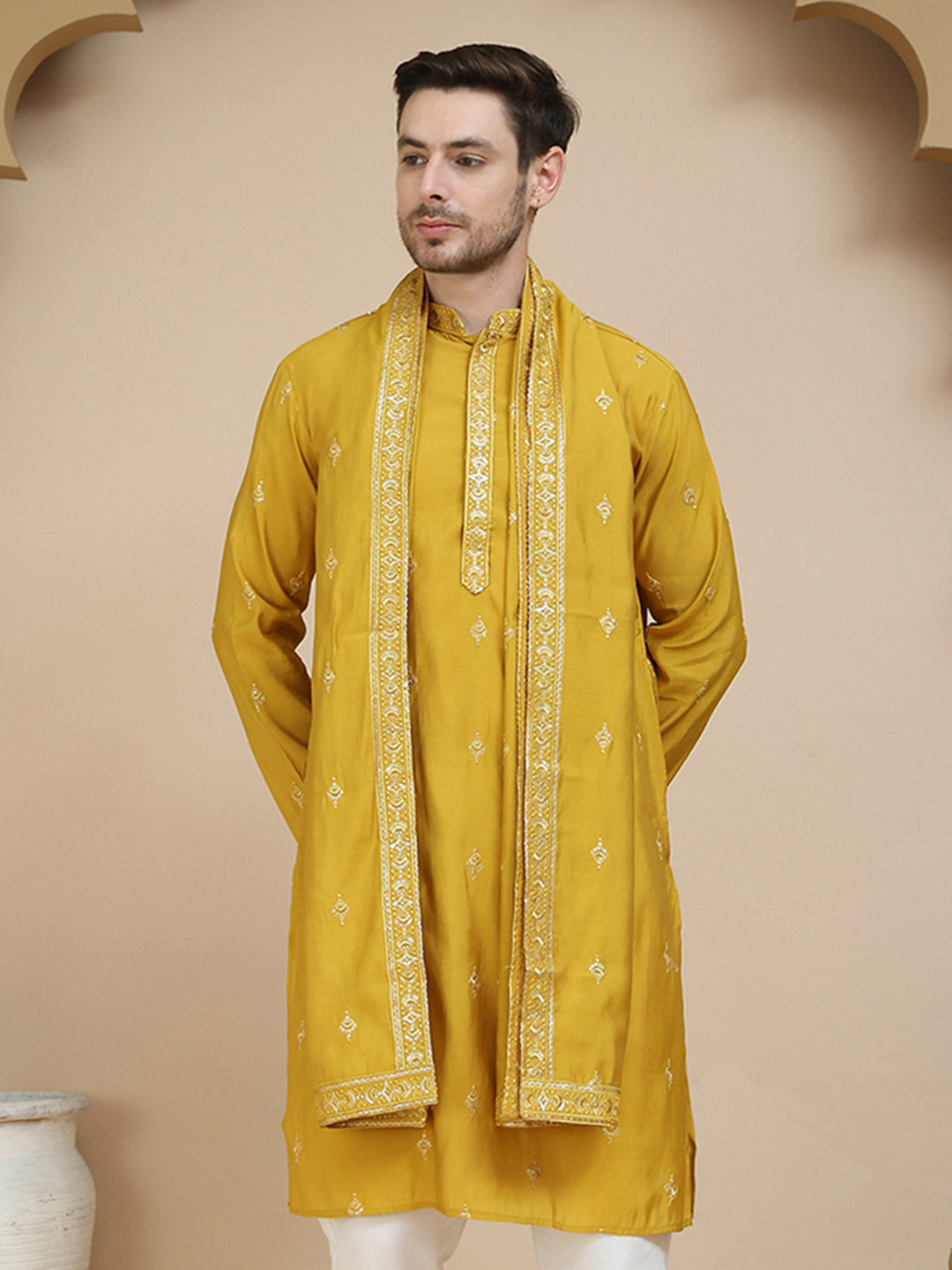 DesiQlo Men Embroidered Kurta Only - Yellow - KO_D_5088Mustard_S